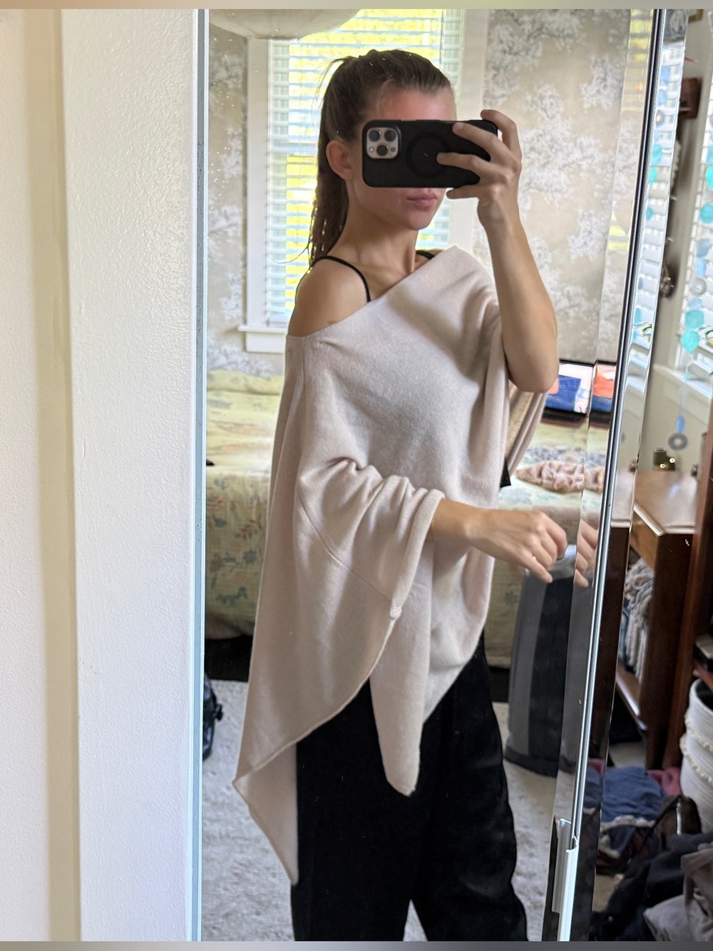 Mini Rose 100% Cashmere Asymmetrical Off Shoulder Draped Poncho Beige Tan OS